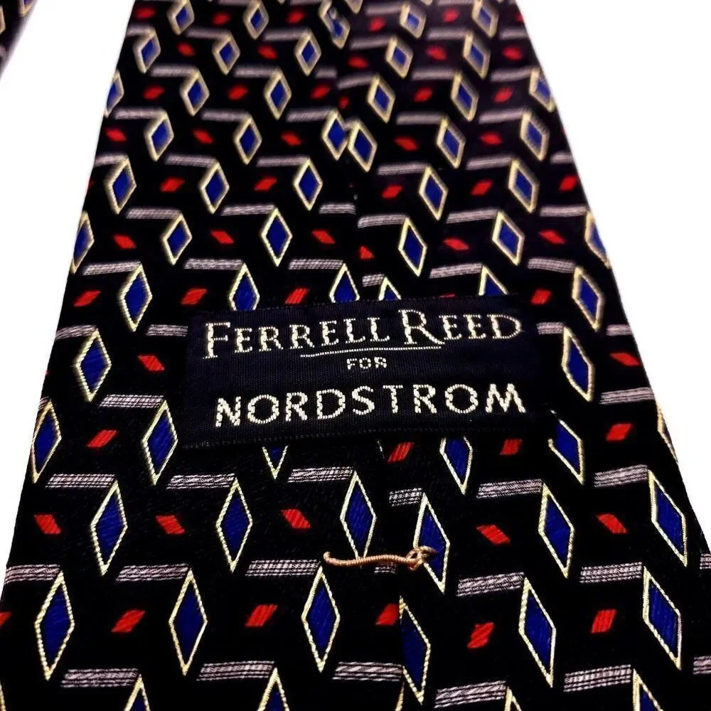Ferrell Reed Nordstrom‎ Silk Tie Black Red Blue Geometric USA Wide